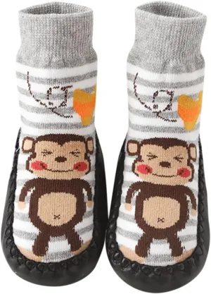 Boys Shoes Baby Sock Shoes Leather Sole Unisex Toddler Non-Skid Walking Shoes Cartoon Monkey Frog Print Slippers