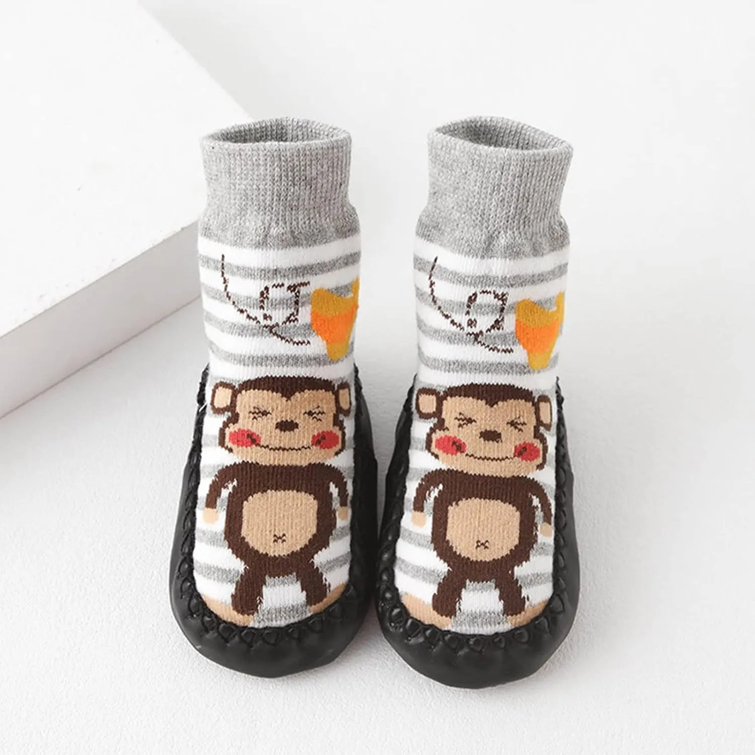 Boys Shoes Baby Sock Shoes Leather Sole Unisex Toddler Non-Skid Walking Shoes Cartoon Monkey Frog Print Slippers