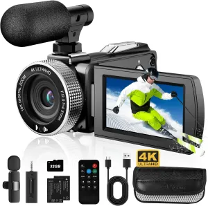 Camcorder Video Camera 4K 60FPS 48MP Vlogging Camera for YouTube 18X Digital Zoom Camcorder 3.0" IPS Screen Video Recorder with Wireless Lavalier Microphone, Controller, 2 Batteries