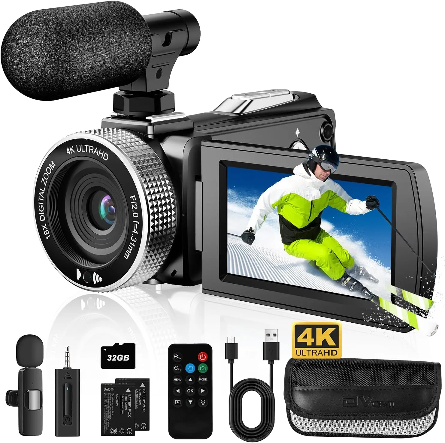 Camcorder Video Camera 4K 60FPS 48MP Vlogging Camera for YouTube 18X Digital Zoom Camcorder 3.0" IPS Screen Video Recorder with Wireless Lavalier Microphone, Controller, 2 Batteries