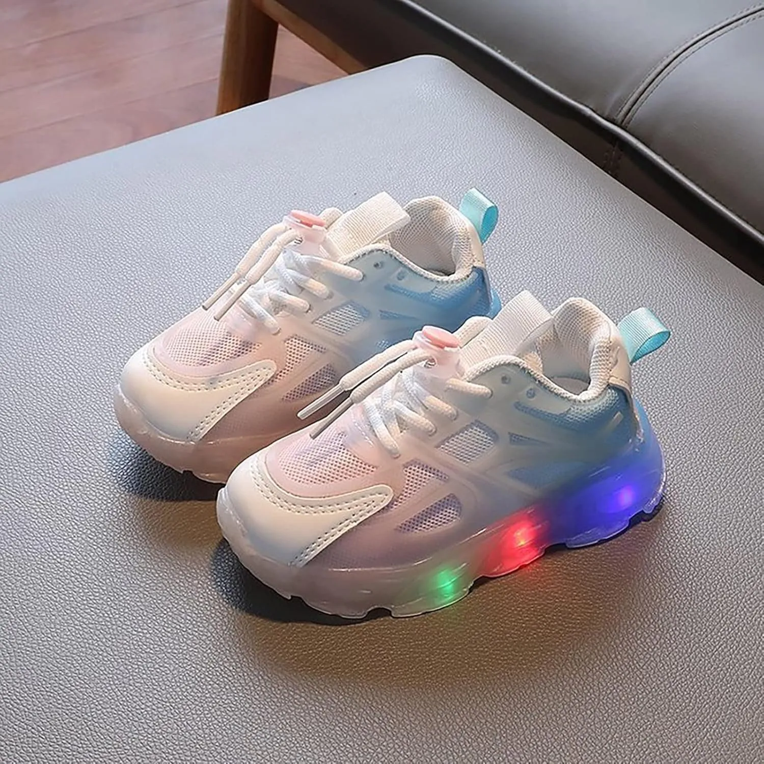 Children's Sneakers Color Gradient LED Light Shoes Dad Shoes Lace Up Soft Soles Little Girls Dress Shoes (White, 6.5 Infant)