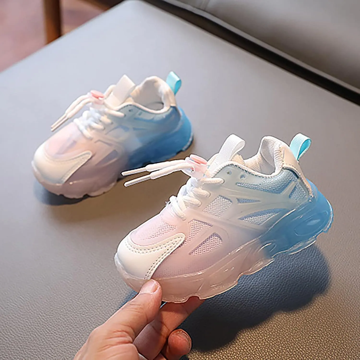 Children's Sneakers Color Gradient LED Light Shoes Dad Shoes Lace Up Soft Soles Little Girls Dress Shoes (White, 6.5 Infant)
