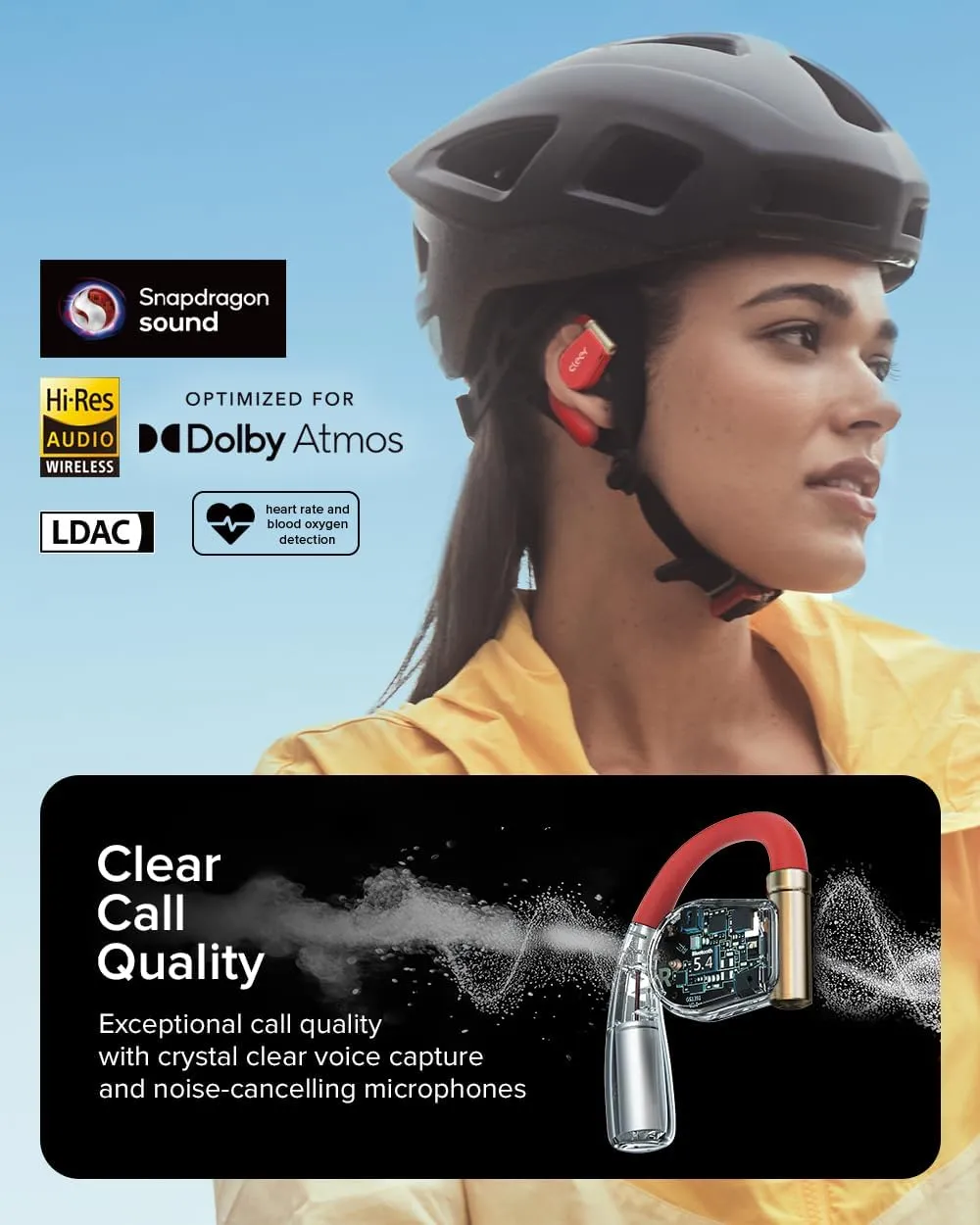 Cleer ARC 3 Sports Pro Open Ear Headphones - Dolby Audio, Snapdragon Sound True Wireless Earbuds,40Hr Battery, Bluetooth 5.4, IPX7,Heart Rate Tracking,Wireless Charging Smart Case, Comfort Fit, Red