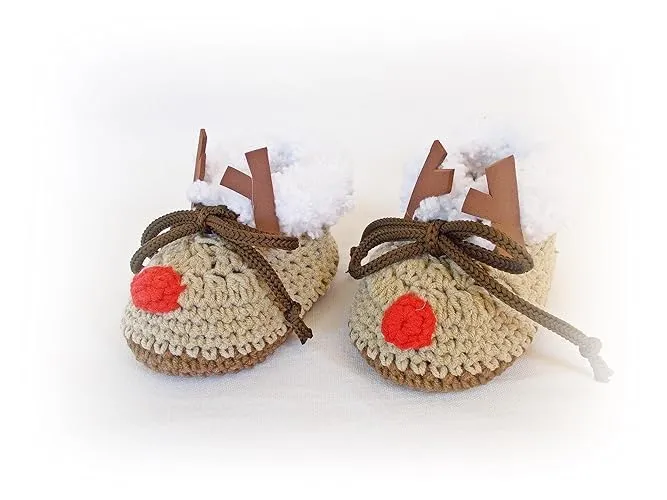 Crochet Baby Reindeer Shoes, Christmas Baby Boots, Crochet Santa Shoes (6-9 months)