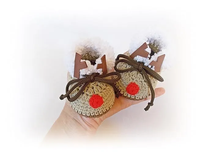 Crochet Baby Reindeer Shoes, Christmas Baby Boots, Crochet Santa Shoes (6-9 months)