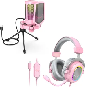 FIFINE Gaming PC Microphone and USB Wired Headset Bundle, Computer Over-Ear Headphone with Microphone Kit for Streaming, Game Voice, Condenser Mic for Desktop for YouTube Video (A6P H6P)