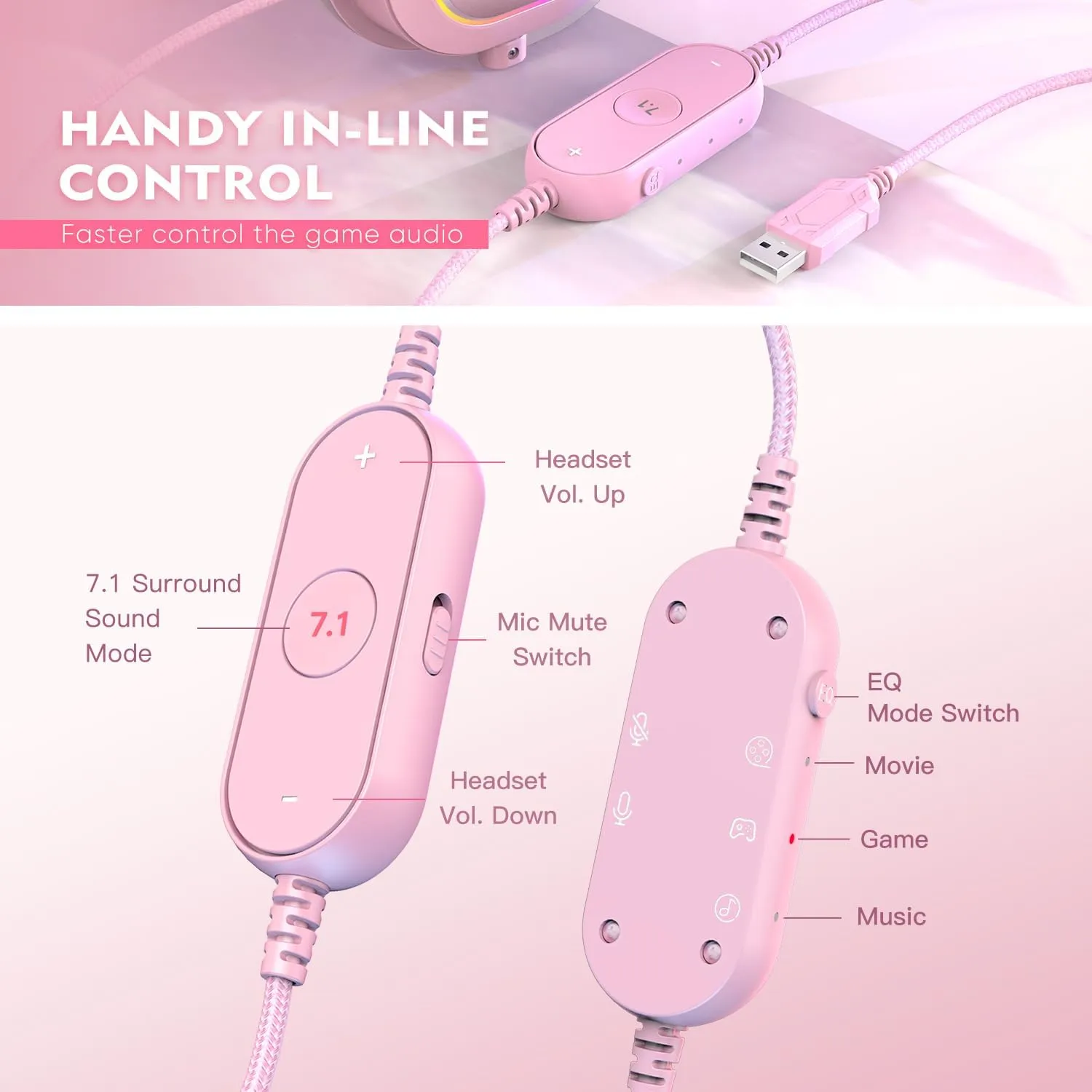 FIFINE PC Gaming Headset, USB Wired Headset with Microphone, 7.1 Surround Sound, in-Line Control, Computer RGB Over-Ear Headphones for PS4/PS5, for Streaming/Game Voice/Video-AmpliGame H6 (Pink)