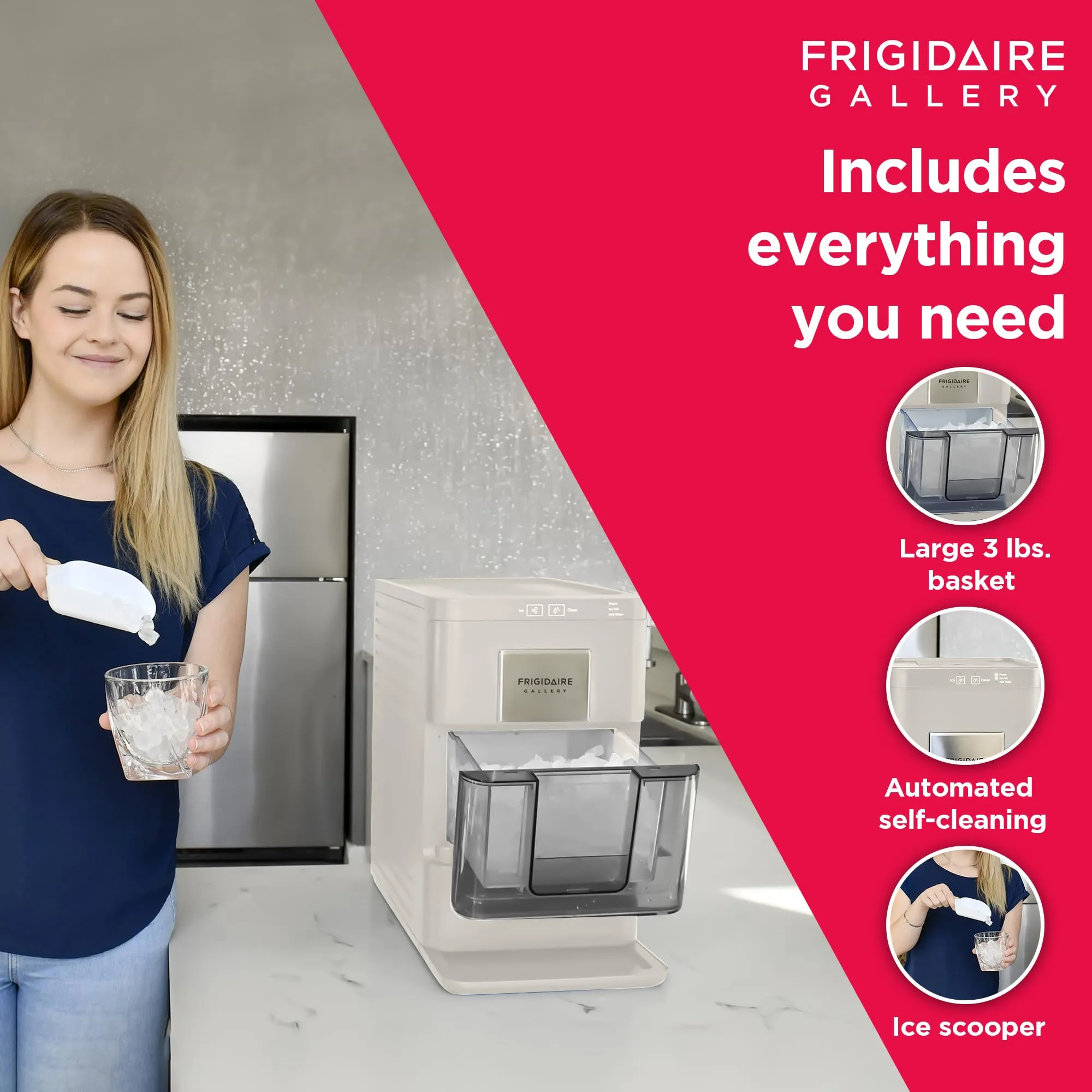 Frigidaire Nugget Ice Maker, Countertop Ice Machine with Transparent Window, Sonic Ice Maker with 44 lbs. Capacity, Auto Self Cleaning Ice Maker Machine, 2.0 Gen, Cream - 16.75D x 11.75W x 20.25H