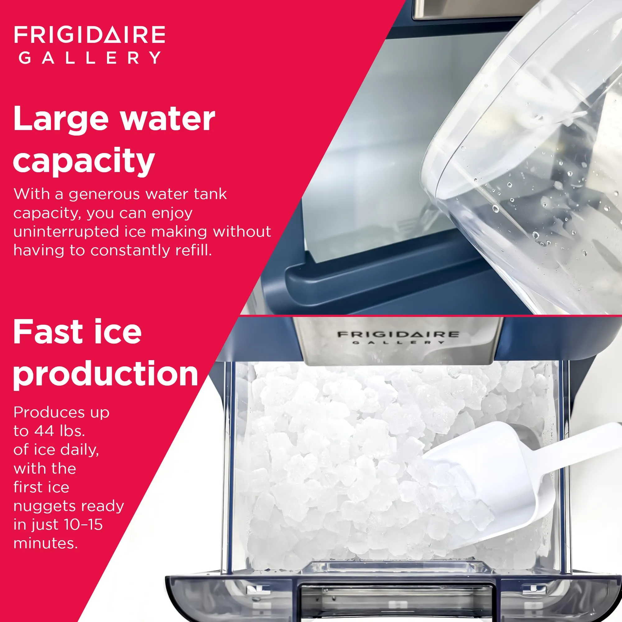 Frigidaire Nugget Ice Maker, Countertop Ice Machine with Transparent Window, Sonic Ice Maker with 44 lbs. Capacity, Auto Self Cleaning Ice Maker Machine, 2.0 Gen, Cream - 16.75D x 11.75W x 20.25H
