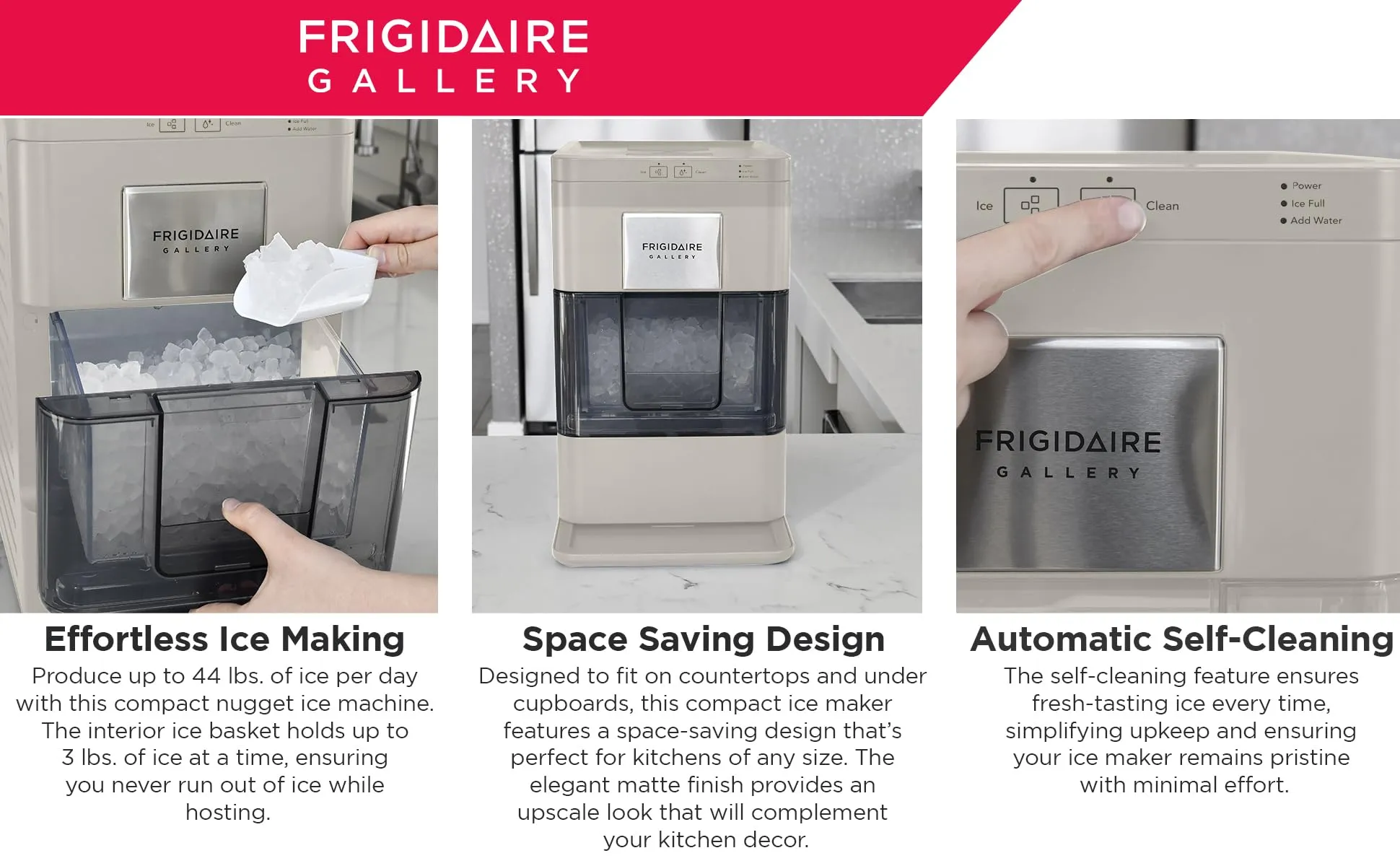 Frigidaire Nugget Ice Maker, Countertop Ice Machine with Transparent Window, Sonic Ice Maker with 44 lbs. Capacity, Auto Self Cleaning Ice Maker Machine, 2.0 Gen, Cream - 16.75D x 11.75W x 20.25H