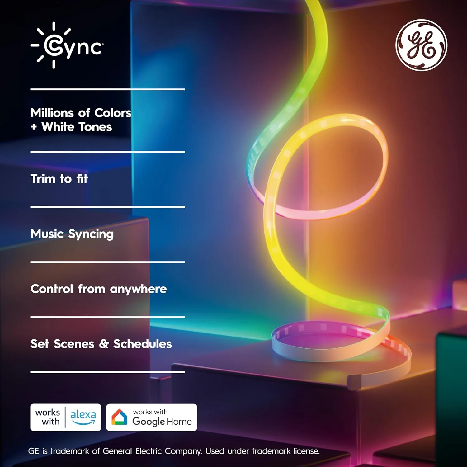 GE Cync Dynamic Effects Smart LED Light Strip with Music Sync, Color Changing WiFi Lights, Indoor Light Strip, Compatible with Alexa and Google Home, 16ft and Power Supply