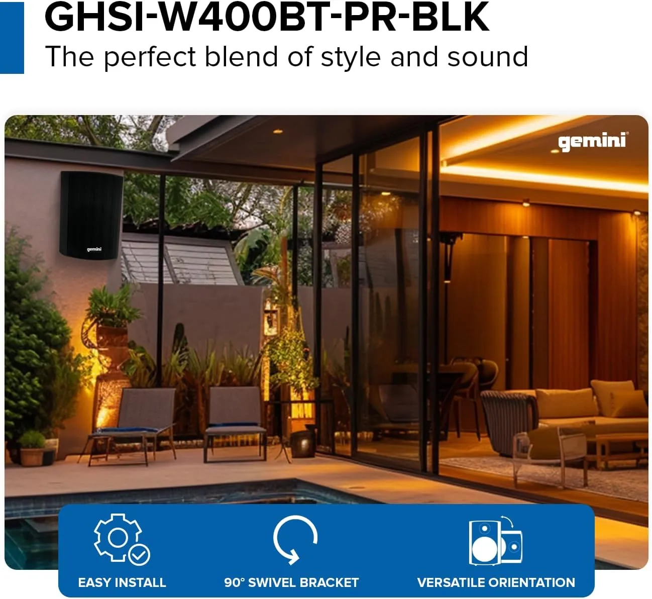 Gemini Sound GHSI-W400BT 4" Outdoor Bluetooth Speakers  Wired Powered IP44 Waterproof Wall Mount Pair, Rust-Proof Aluminum Grills, Expandable to 16 Speakers, Compact Full-Range Stereo (Black)