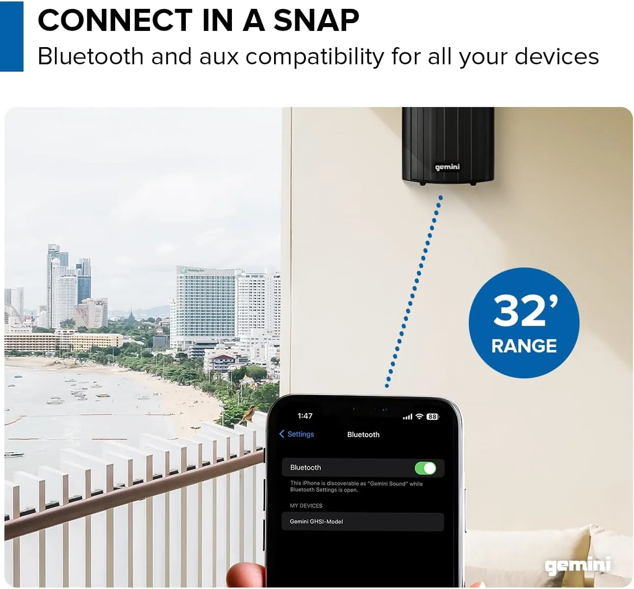 Gemini Sound GHSI-W400BT 4" Outdoor Bluetooth Speakers  Wired Powered IP44 Waterproof Wall Mount Pair, Rust-Proof Aluminum Grills, Expandable to 16 Speakers, Compact Full-Range Stereo (Black)