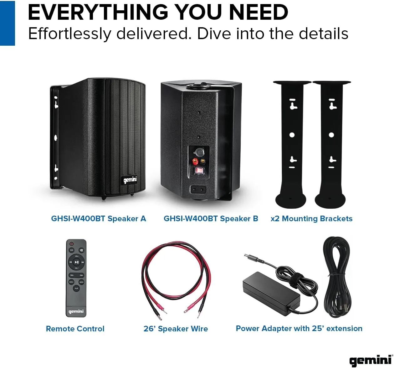 Gemini Sound GHSI-W400BT 4" Outdoor Bluetooth Speakers  Wired Powered IP44 Waterproof Wall Mount Pair, Rust-Proof Aluminum Grills, Expandable to 16 Speakers, Compact Full-Range Stereo (Black)