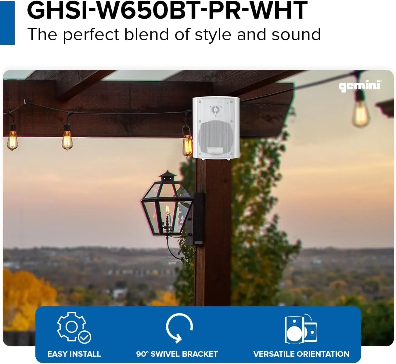 Gemini Sound GHSI-W650BT 6.5" Outdoor Bluetooth Speakers  Wired Powered IP44 Waterproof Wall Mount Pair for Patios, Rust-Proof Aluminum Grills, Expandable to 16 Speakers, Immersive Sound (White)