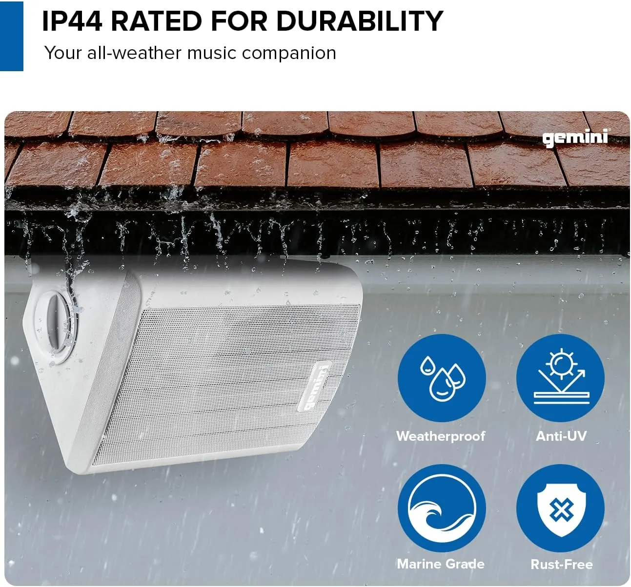 Gemini Sound GHSI-W650BT 6.5" Outdoor Bluetooth Speakers  Wired Powered IP44 Waterproof Wall Mount Pair for Patios, Rust-Proof Aluminum Grills, Expandable to 16 Speakers, Immersive Sound (White)