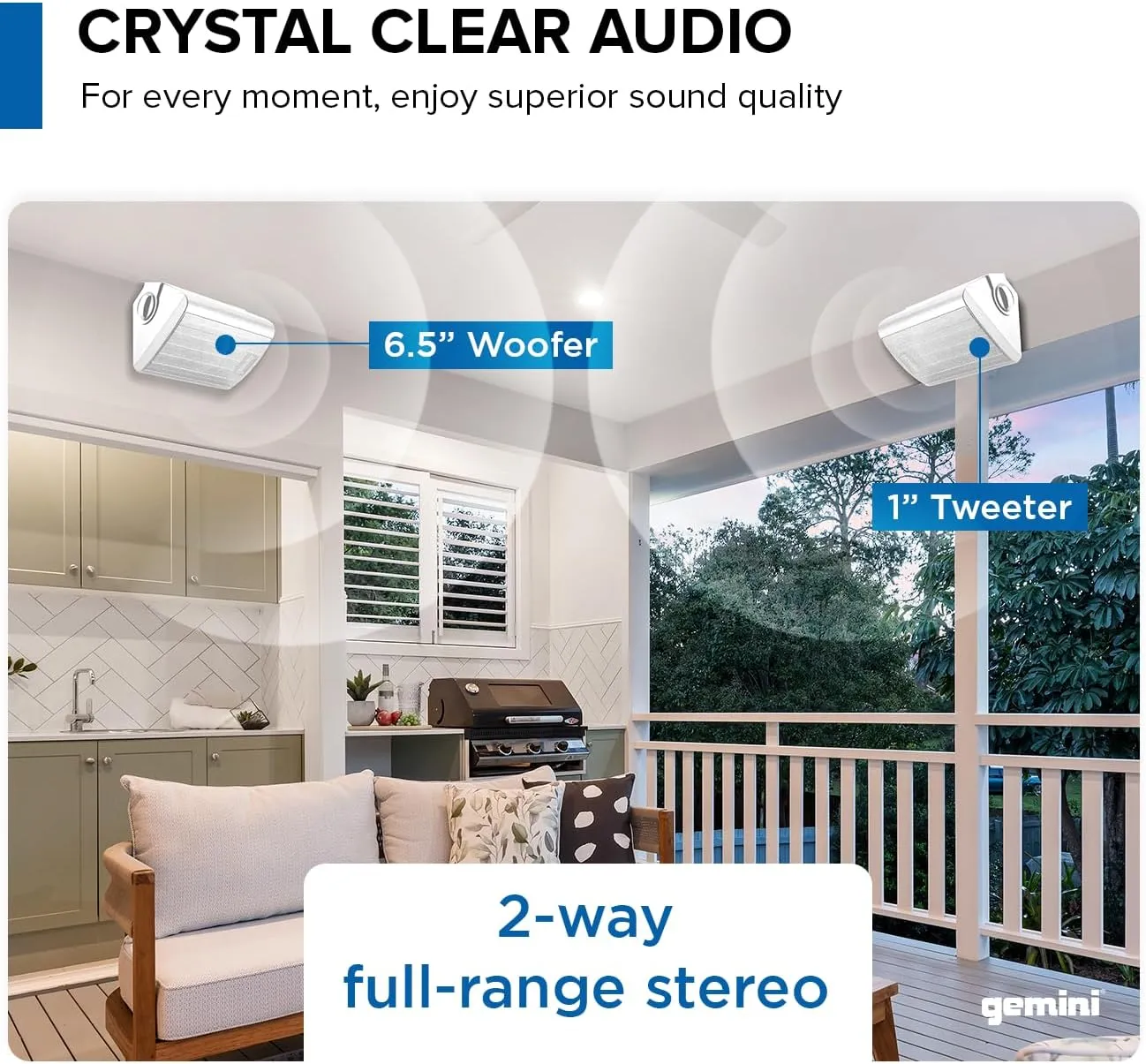 Gemini Sound GHSI-W650BT 6.5" Outdoor Bluetooth Speakers  Wired Powered IP44 Waterproof Wall Mount Pair for Patios, Rust-Proof Aluminum Grills, Expandable to 16 Speakers, Immersive Sound (White)