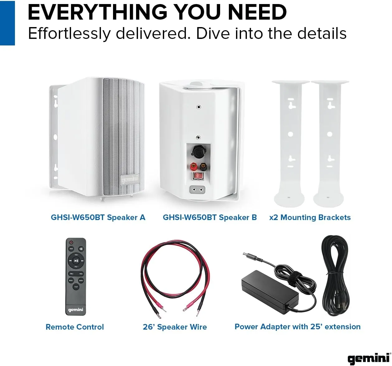 Gemini Sound GHSI-W650BT 6.5" Outdoor Bluetooth Speakers  Wired Powered IP44 Waterproof Wall Mount Pair for Patios, Rust-Proof Aluminum Grills, Expandable to 16 Speakers, Immersive Sound (White)