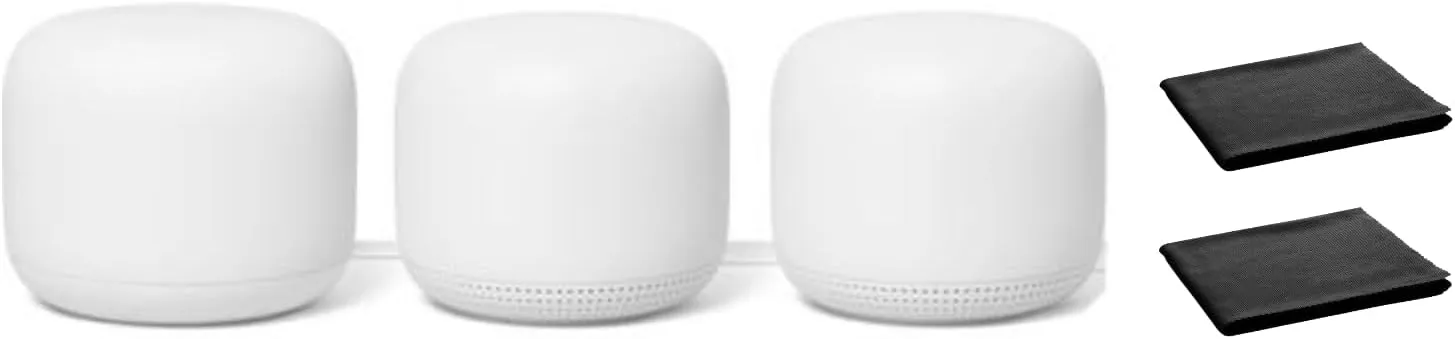 Google Nest WiFi Mesh Router (AC2200) with 2 Points, Google Assistant Built-in, 3-Pack, Snow  Whole Home Coverage up to 5400 Sq Ft, Multiple 4K Streams, Handles 200 Devices, W/ 2X Microfiber Cloths