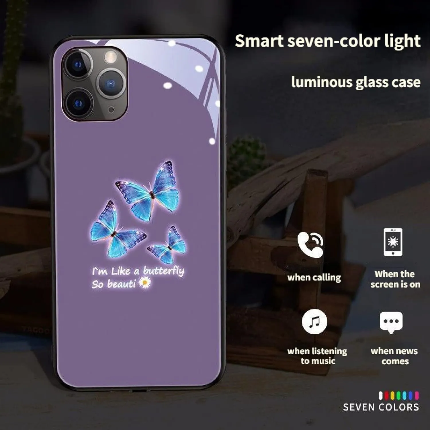 GOUDAN Smart Incoming Call Voice Control Colorful Light Butterfly Case for iPhone 13 12 11 Pro Max Mini X XS XR SE 8 7 6 6S Plus Shell, Tempered Glass Back(12 Pro Max,Purple)