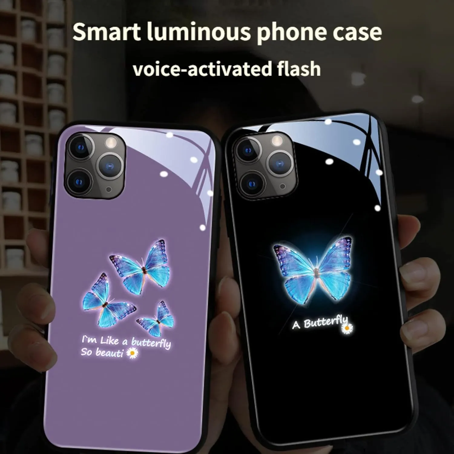 GOUDAN Smart Incoming Call Voice Control Colorful Light Butterfly Case for iPhone 13 12 11 Pro Max Mini X XS XR SE 8 7 6 6S Plus Shell, Tempered Glass Back(12 Pro Max,Purple)