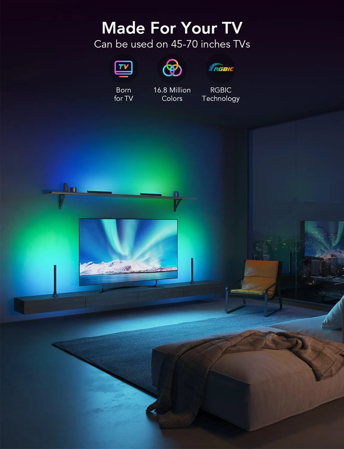 Govee RGBIC Light Bars, 15 Inches WiFi TV Backlight Suitable for 45-70 inch TVs, Smart Light Bars with Multiple Placement Options, Work with Alexa and Google Assistant, Black