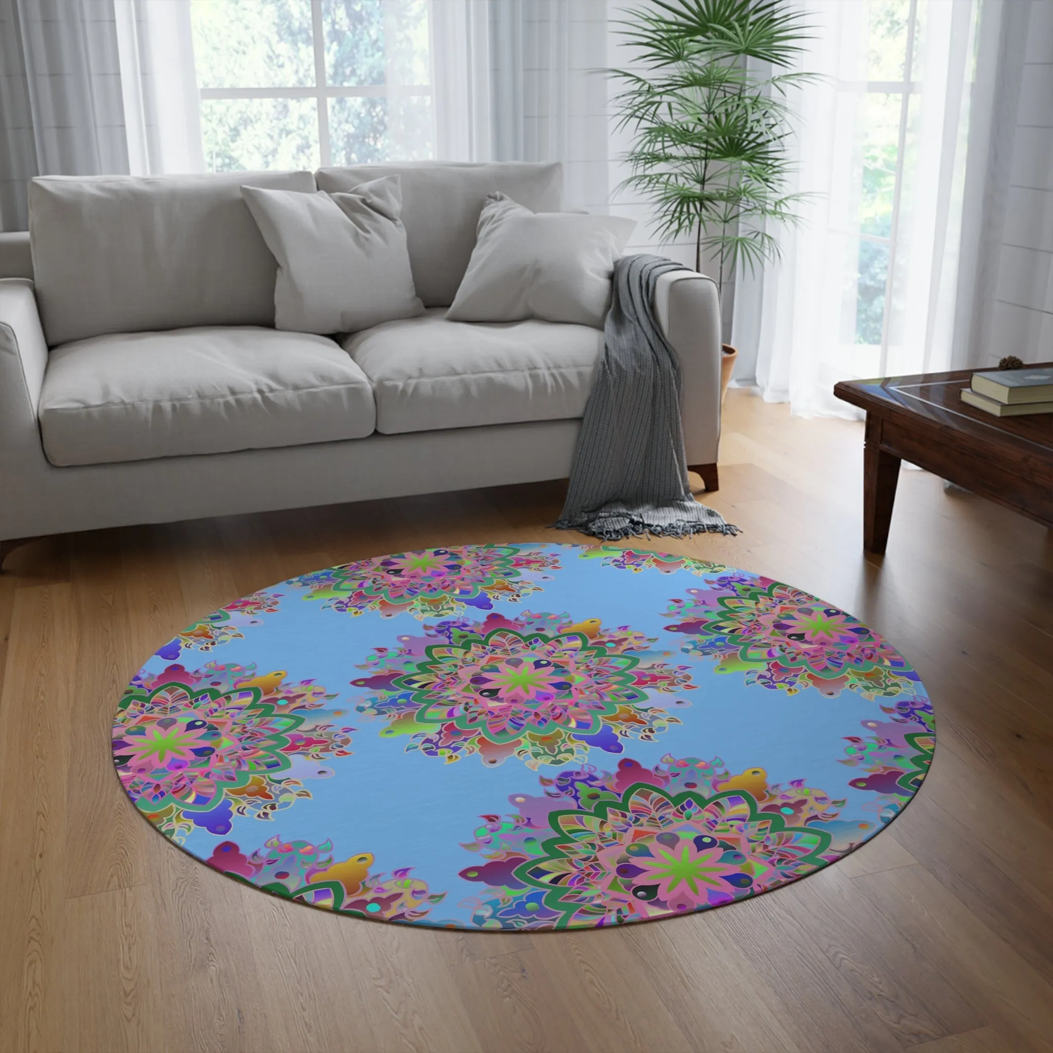 Handmade Mandala Round Rug - Grape Background, 60" Chenille