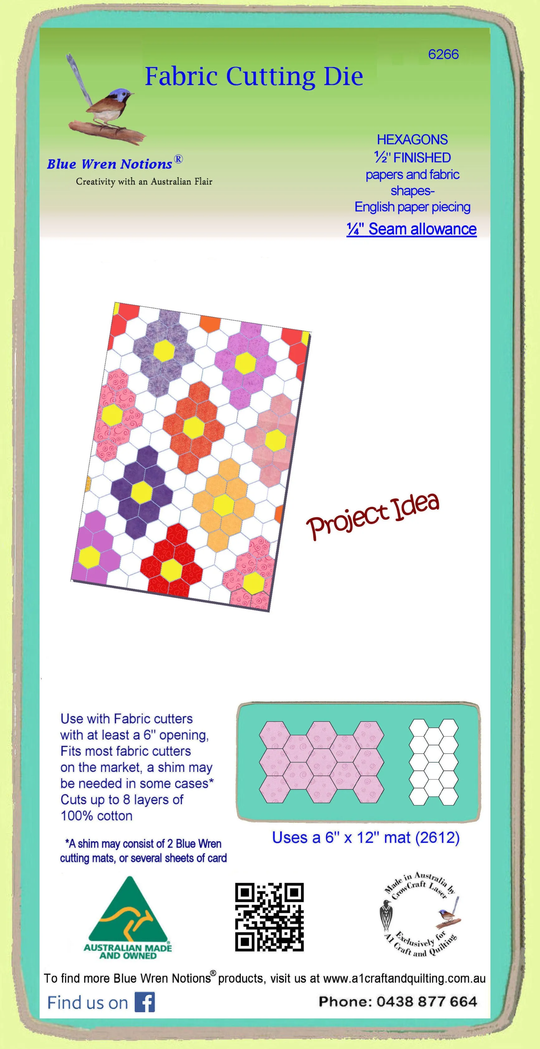 Hexagons ½" finished sides - 1/4" seam allowance - Paper and Fabric shapes - 6266 - includes cutting mat