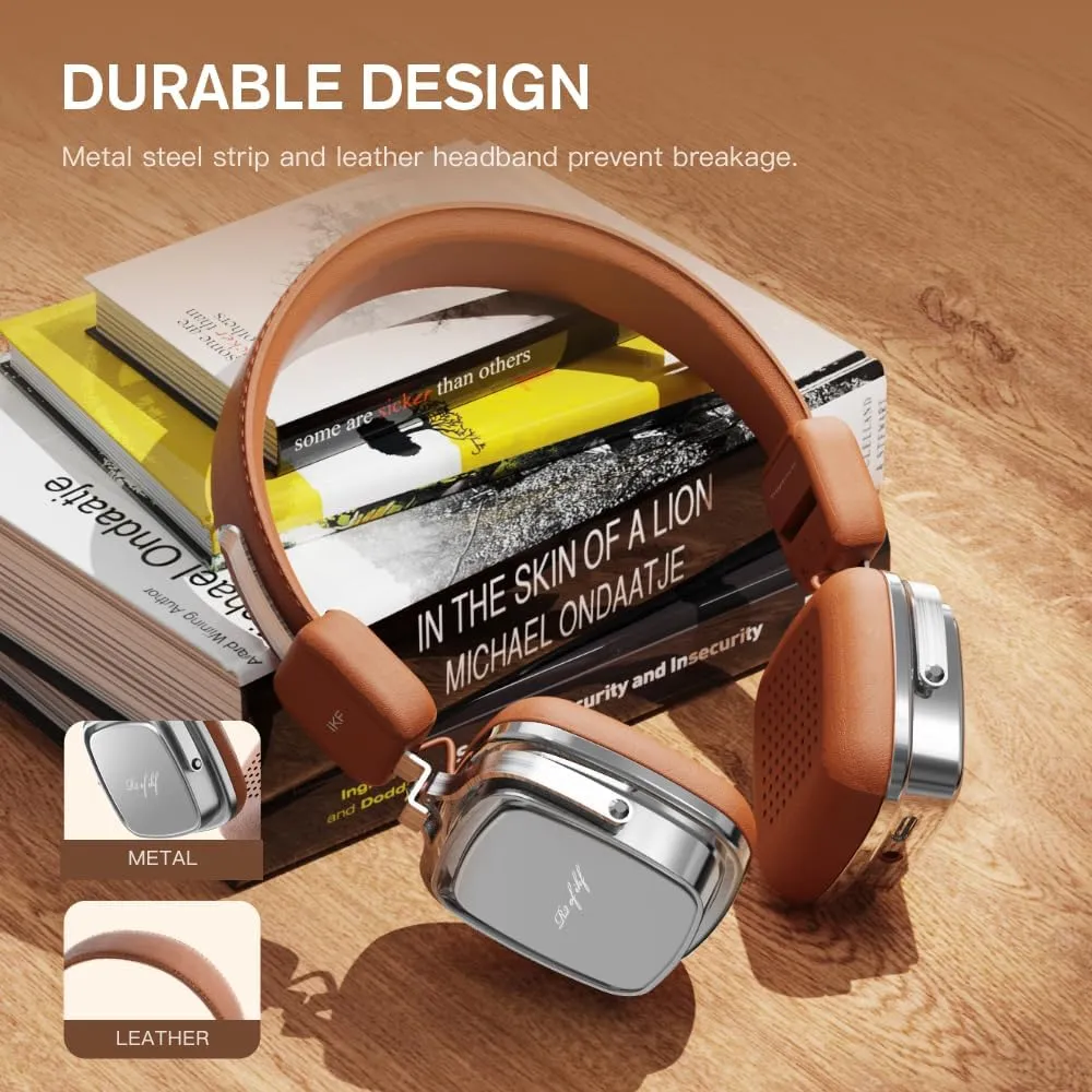 iKF R2 Retro Classic Metal and Leather Grain Headphones, On Ear,Ergonomic Design,40mm Drivers, ENC Noise Cancelling, Bluetooth V5.4 & Wired Dual Mode, 60H Playtime,Throwback 80s 90s (Brown)