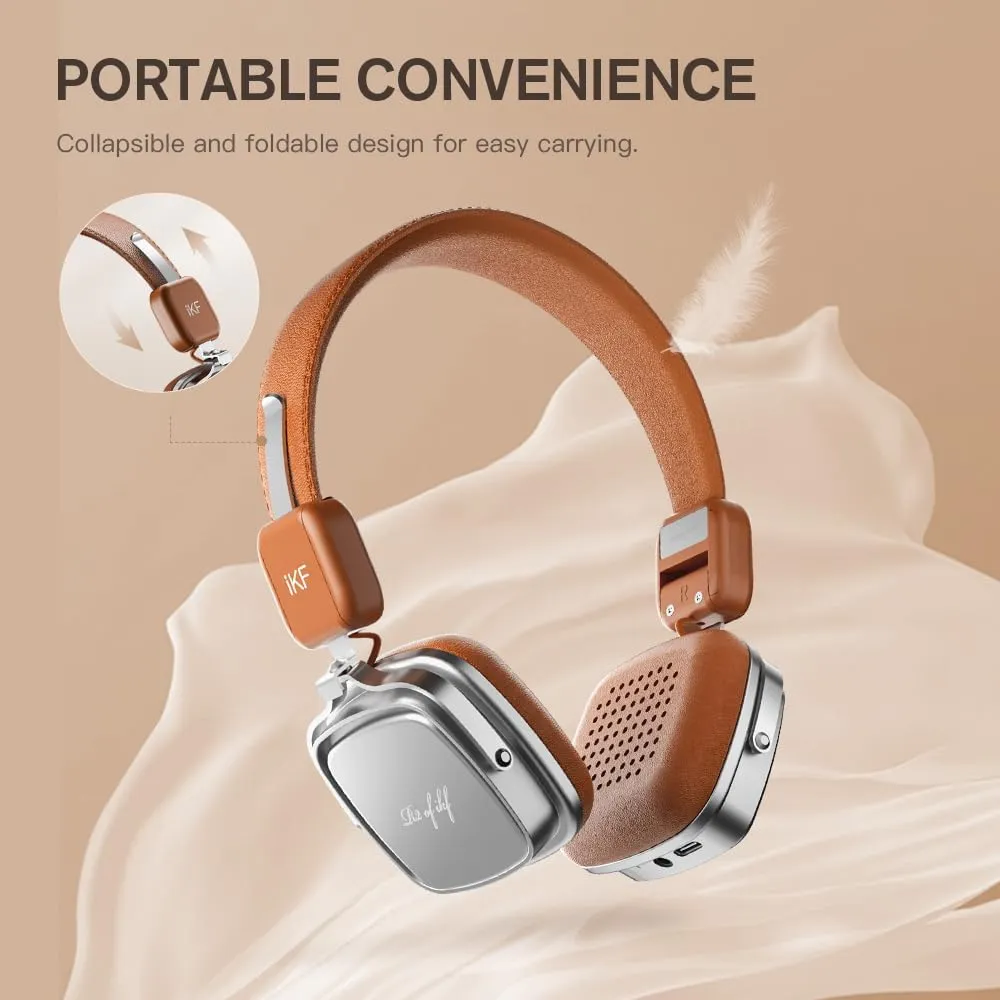 iKF R2 Retro Classic Metal and Leather Grain Headphones, On Ear,Ergonomic Design,40mm Drivers, ENC Noise Cancelling, Bluetooth V5.4 & Wired Dual Mode, 60H Playtime,Throwback 80s 90s (Brown)
