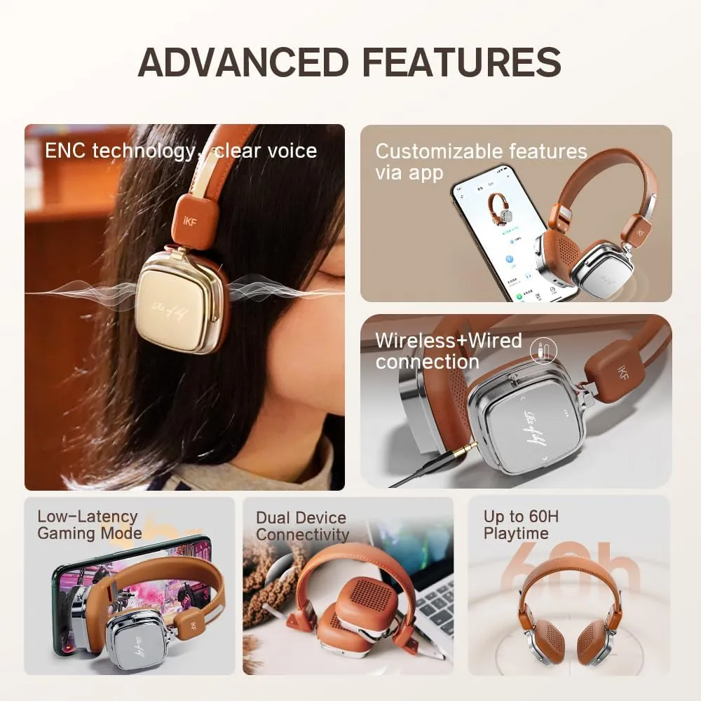 iKF R2 Retro Classic Metal and Leather Grain Headphones, On Ear,Ergonomic Design,40mm Drivers, ENC Noise Cancelling, Bluetooth V5.4 & Wired Dual Mode, 60H Playtime,Throwback 80s 90s (Brown)