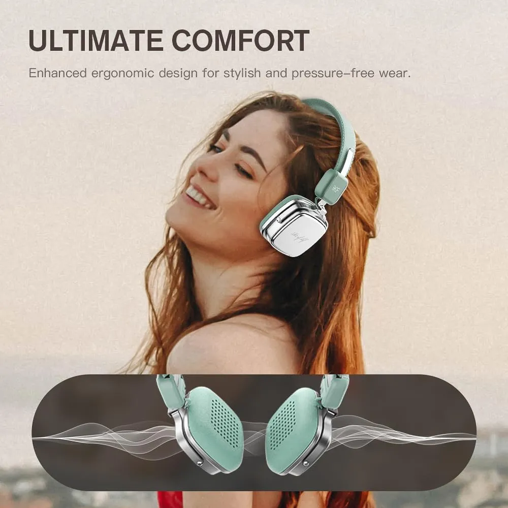 iKF R2 Retro Classic Metal and Leather Grain Headphones, On Ear,Ergonomic Design,40mm Drivers, ENC Noise Cancelling, Bluetooth V5.4 & Wired Dual Mode, 60H Playtime,Throwback 80s 90s (Green)