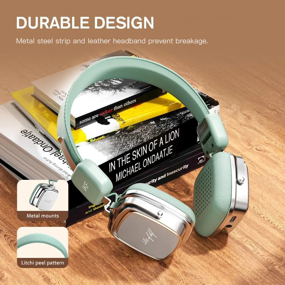 iKF R2 Retro Classic Metal and Leather Grain Headphones, On Ear,Ergonomic Design,40mm Drivers, ENC Noise Cancelling, Bluetooth V5.4 & Wired Dual Mode, 60H Playtime,Throwback 80s 90s (Green)