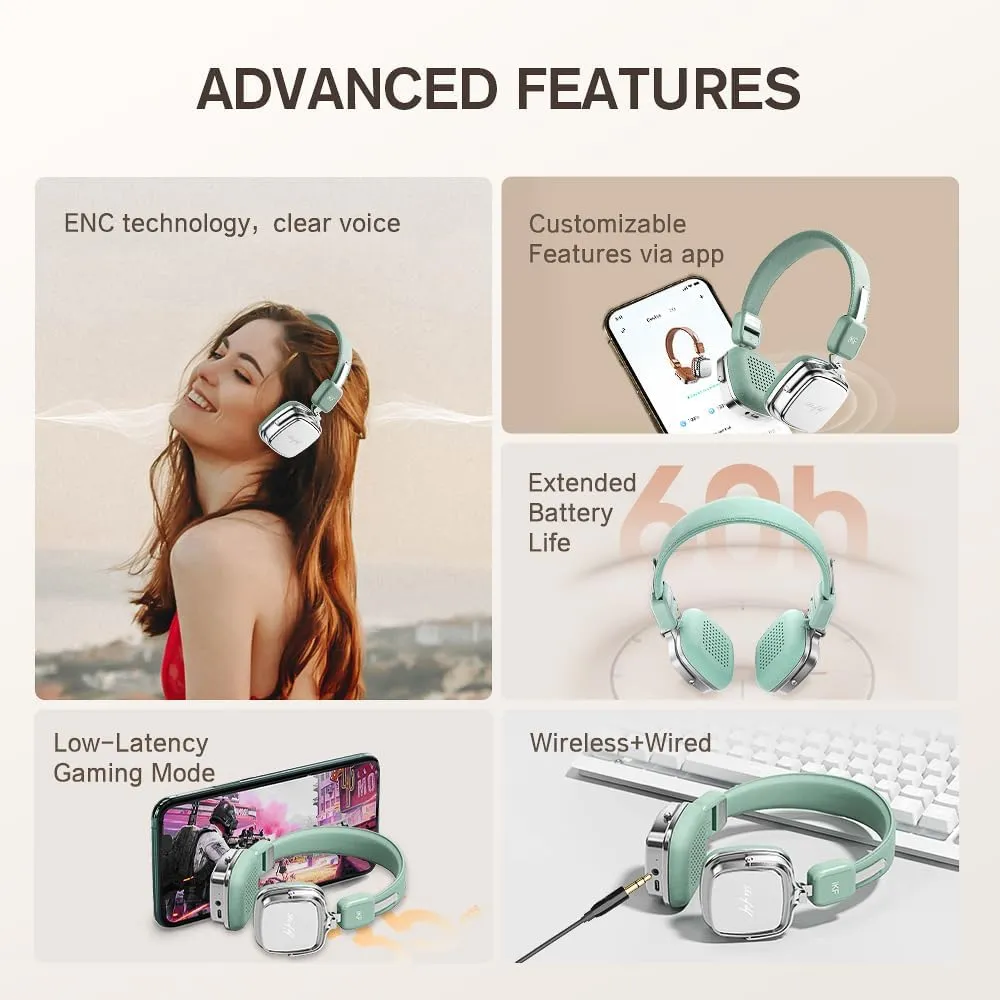 iKF R2 Retro Classic Metal and Leather Grain Headphones, On Ear,Ergonomic Design,40mm Drivers, ENC Noise Cancelling, Bluetooth V5.4 & Wired Dual Mode, 60H Playtime,Throwback 80s 90s (Green)