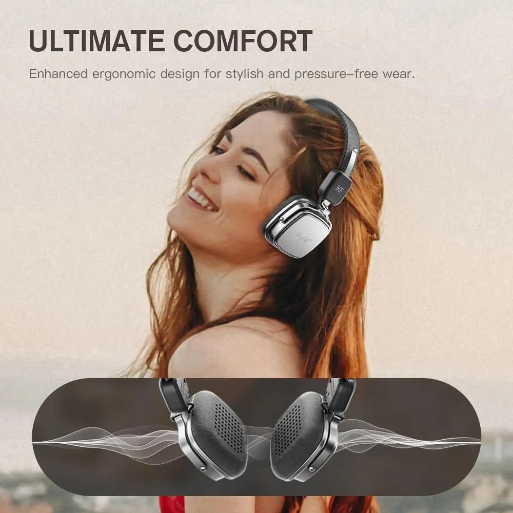 iKF R2 Retro Classic Metal and Leather Grain Wireless Headphones, On Ear,Ergonomic Design,40mm Drivers, ENC Noise Cancelling, Bluetooth V5.4 & Wired Dual Mode, 60H Playtime,Throwback 80s 90s (Black)