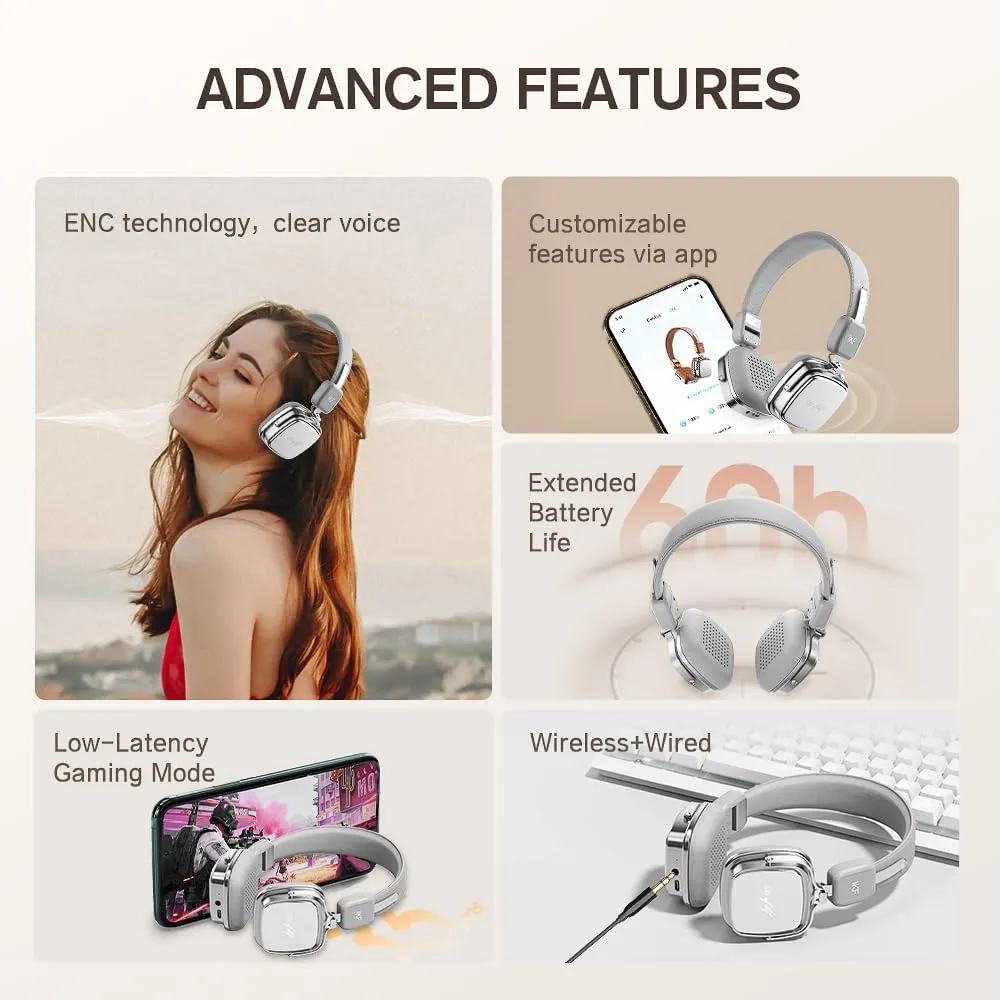 iKF R2 Retro Classic Metal and Leather Grain Wireless Headphones, On Ear,Ergonomic Design,40mm Drivers, ENC Noise Cancelling, Bluetooth V5.4 & Wired Dual Mode, 60H Playtime,Throwback 80s 90s (Gray)