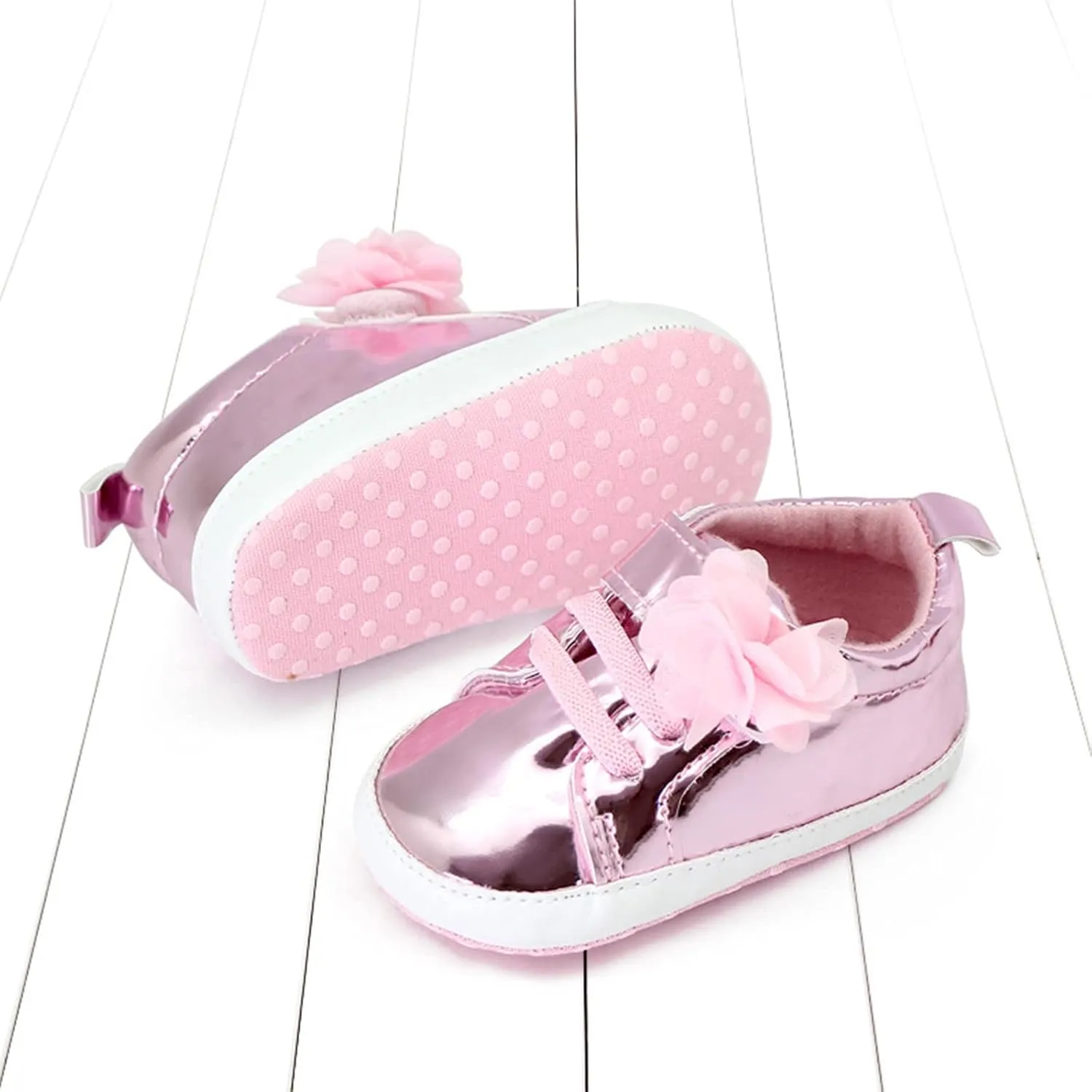Infant Baby Girls Flower PU Leather Sneakers Newborn Toddler Solid Soft Sole Anti-Slip Shiny Ankle Dress Shoes