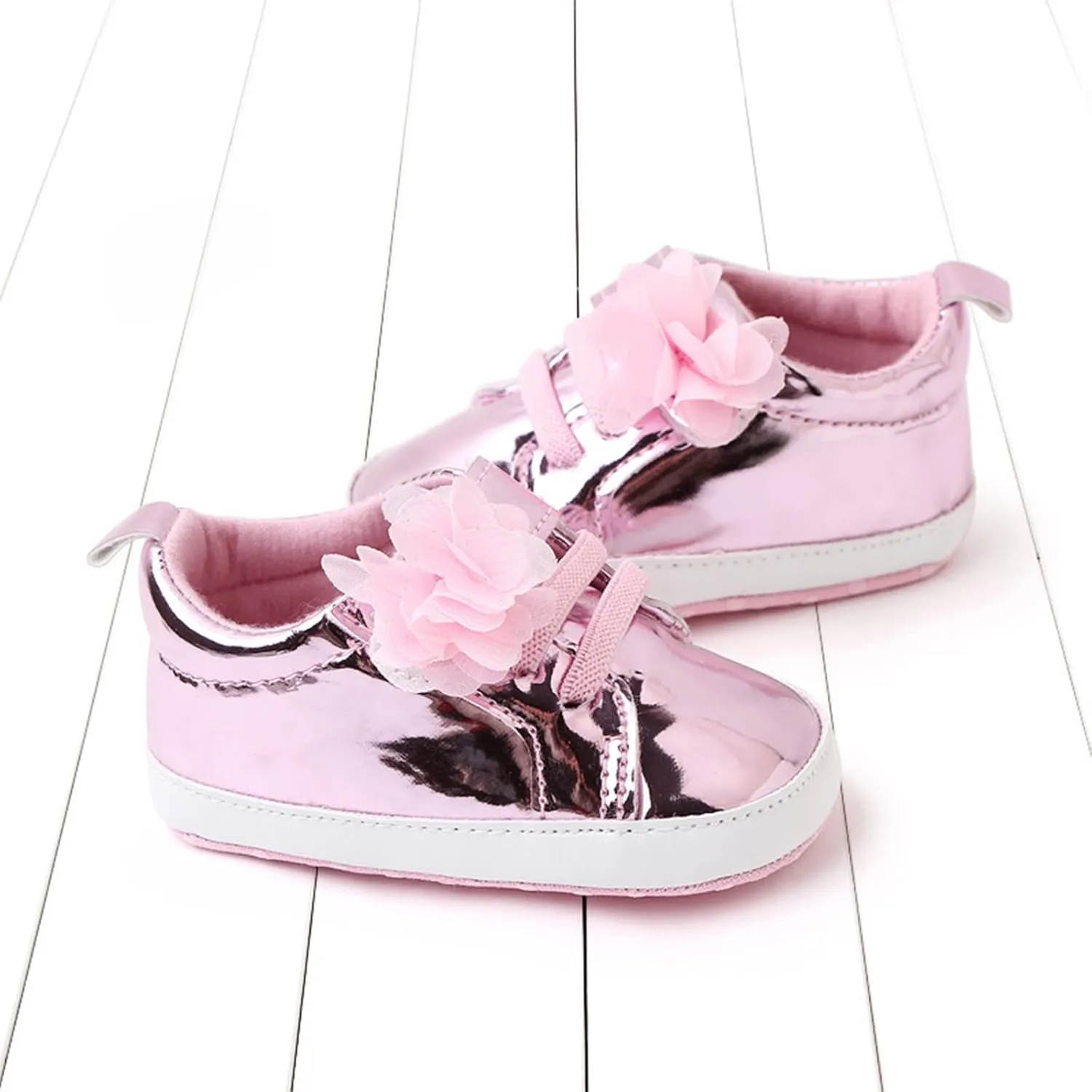 Infant Baby Girls Flower PU Leather Sneakers Newborn Toddler Solid Soft Sole Anti-Slip Shiny Ankle Dress Shoes