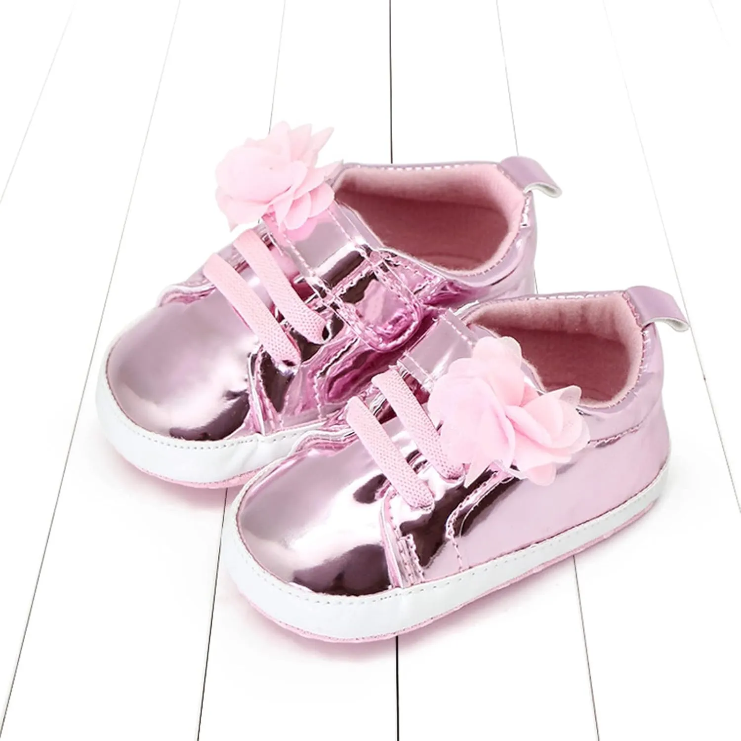 Infant Baby Girls Flower PU Leather Sneakers Newborn Toddler Solid Soft Sole Anti-Slip Shiny Ankle Dress Shoes