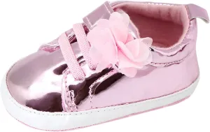 Infant Baby Girls Flower PU Leather Sneakers Newborn Toddler Solid Soft Sole Anti-Slip Shiny Ankle Dress Shoes