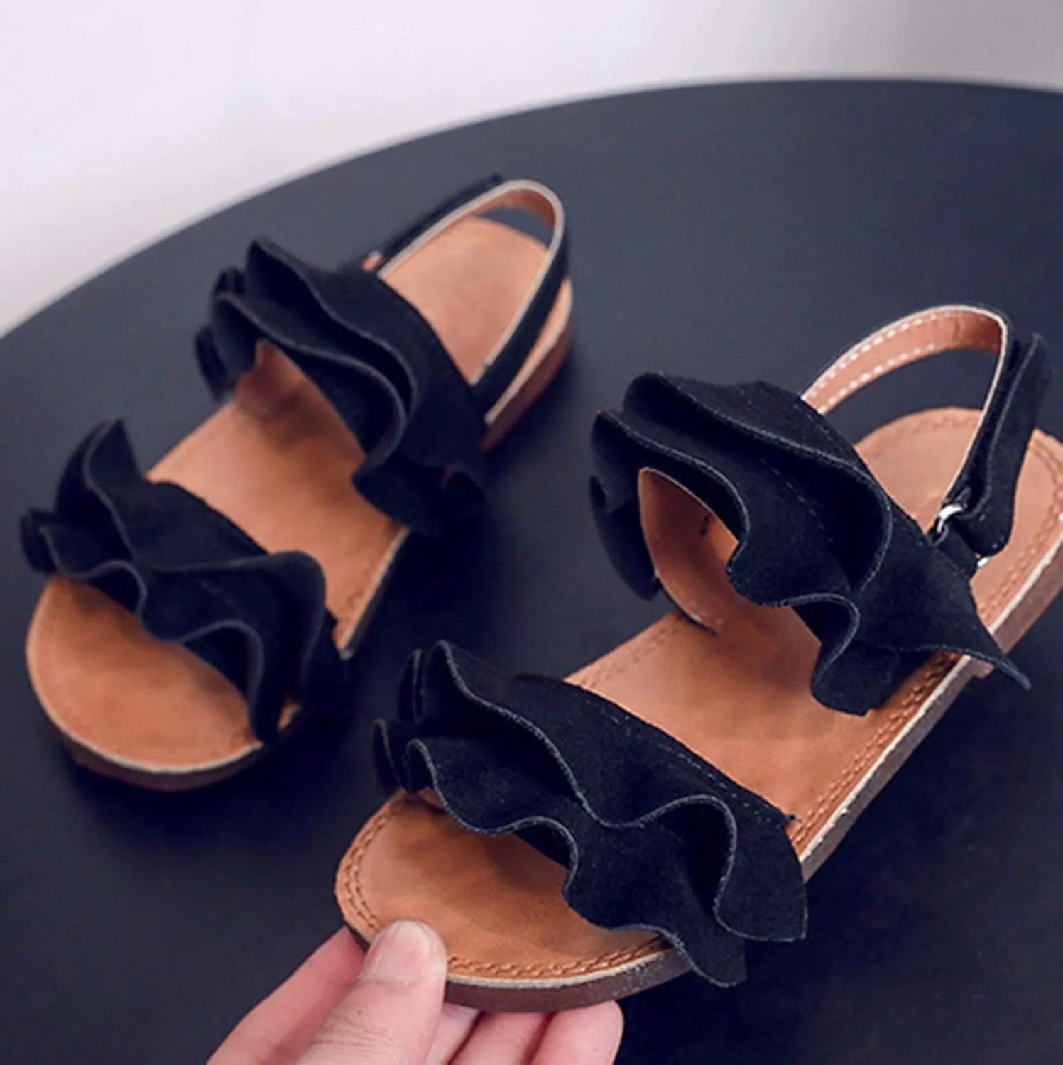 Kids Cork Footbed Flat Bottom Sandals Strap Wide Shoes Ruffle Buckle Baby Girls Light Breathable Non Slip Shoesfashio