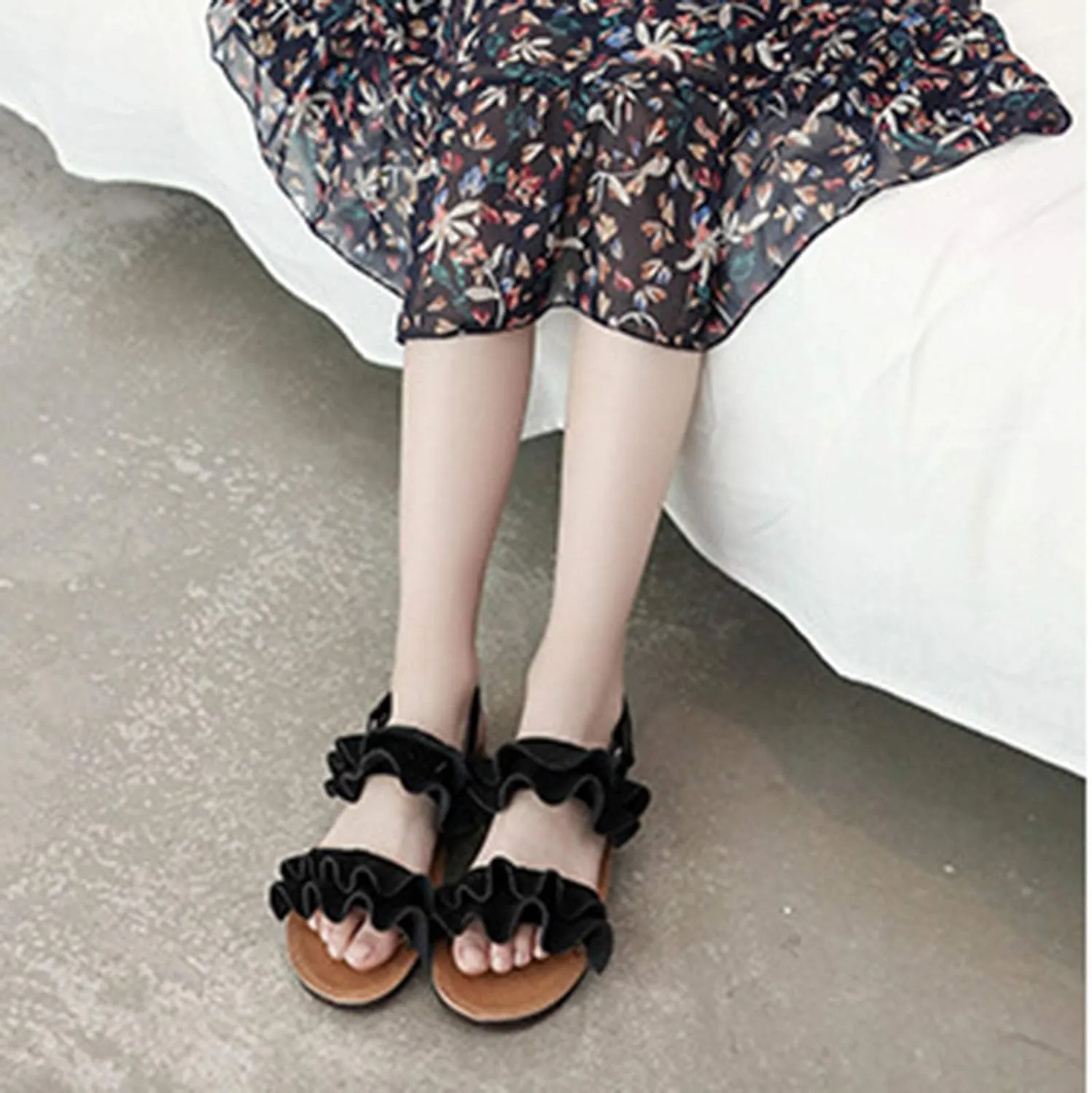 Kids Cork Footbed Flat Bottom Sandals Strap Wide Shoes Ruffle Buckle Baby Girls Light Breathable Non Slip Shoesfashio
