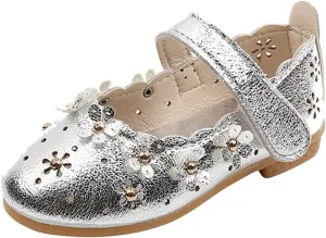 Kids Girls Summer Sandals Non-Slip Soft Sole Flower Shoes PU Leather Crib Shoes Soft Sole Princess Sandals 12M-11T (Silver-03#Wery, 4.5 Years)