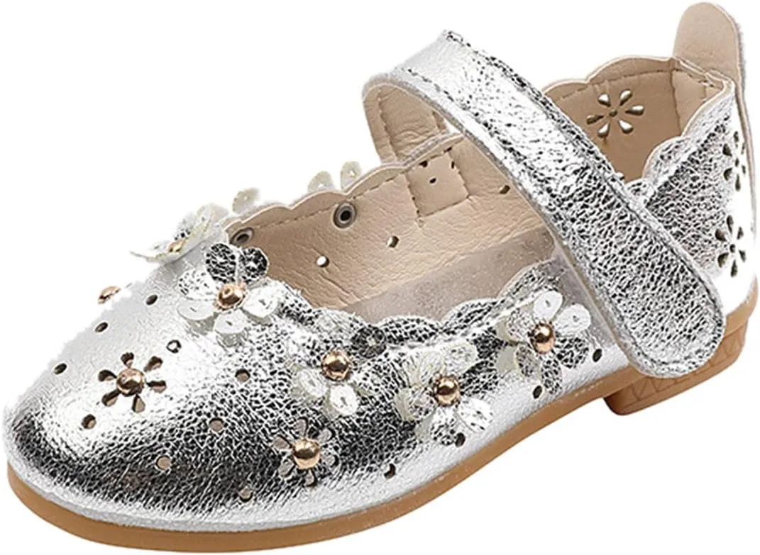 Kids Girls Summer Sandals Non-Slip Soft Sole Flower Shoes PU Leather Crib Shoes Soft Sole Princess Sandals 12M-11T (Silver-03#Wery, 4.5 Years)
