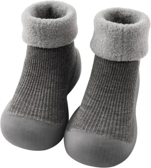 Kids Toddler Baby Boys Girls Solid Warm Knit Soft Sole Rubber Shoe Socks Slipper Stocking Soundproof Slippers (Grey, 20)