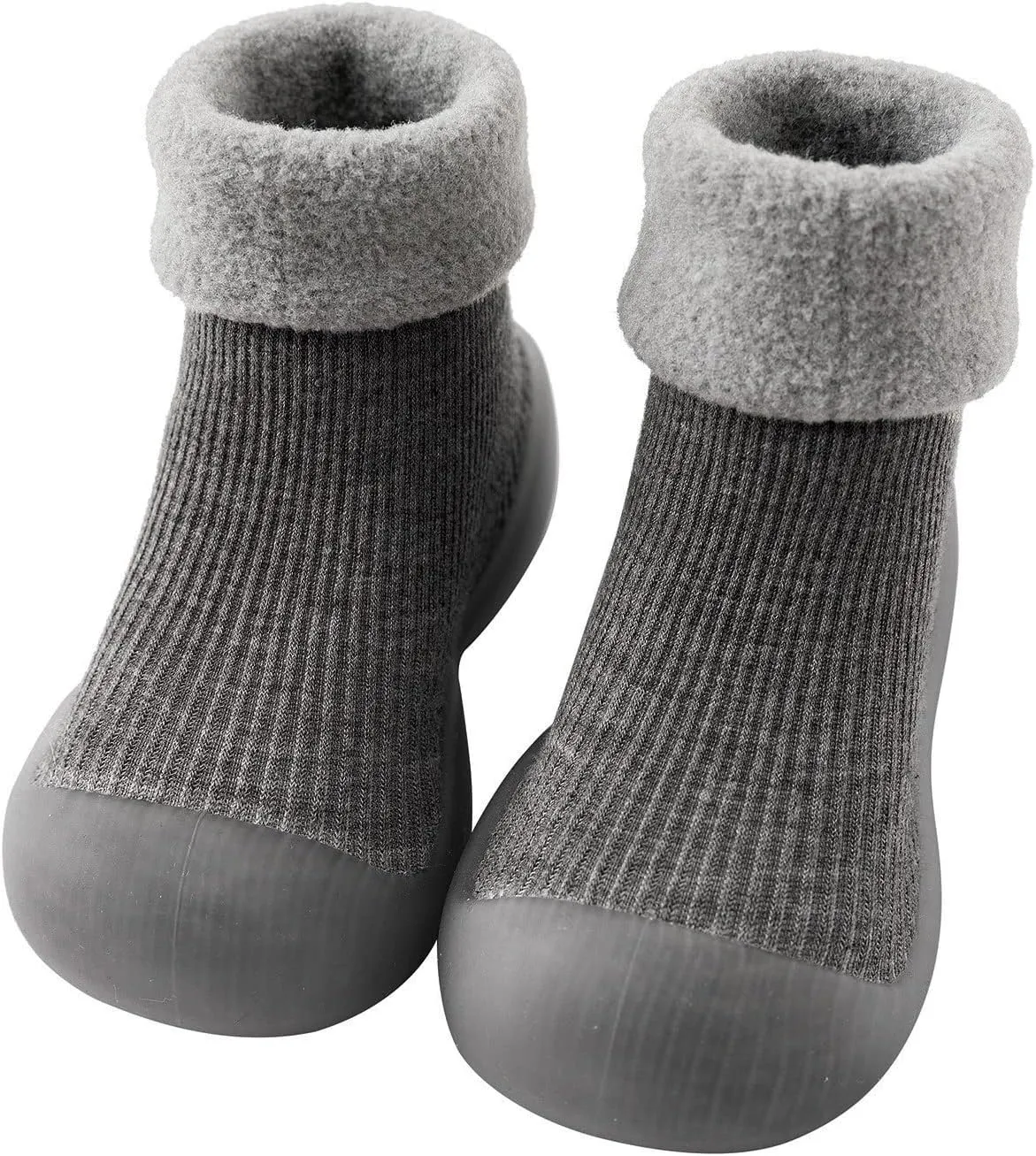 Kids Toddler Baby Boys Girls Solid Warm Knit Soft Sole Rubber Shoe Socks Slipper Stocking Soundproof Slippers (Grey, 20)