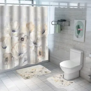 Kuber Industries Shower Curtain & Bathmat Set | Non-Slip Bath mats for Bathroom | Easy-Slide Curtains | Polyester Curtain or Bathmat for Bath Décor | YF345-3T | 6 Pcs Set | Multicolor