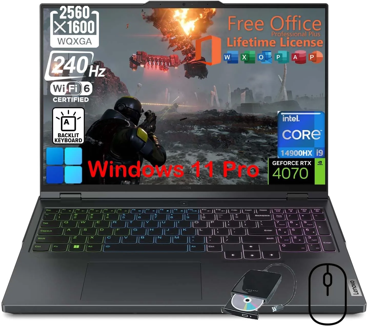 Lenovo Legion Pro 5i Gaming Laptop, Intel 24-Core i9-14900HX, RTX 4070, 16" WQXGA(2560x1600) 240Hz Display, RGB Backlit, Win 11 Pro, w/Office Lifetime & External DVD Drive (32GB DDR5, 2TB SSD)