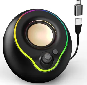 LENRUE USB Computer Speakers, Laptop Speakers, Plug Play, Loud and Clear Sound, Easy Access Volume Konb, with Type C Adapter, Colorful Lights, for Desktop, PC, Laptop, Phone (USBBlack)