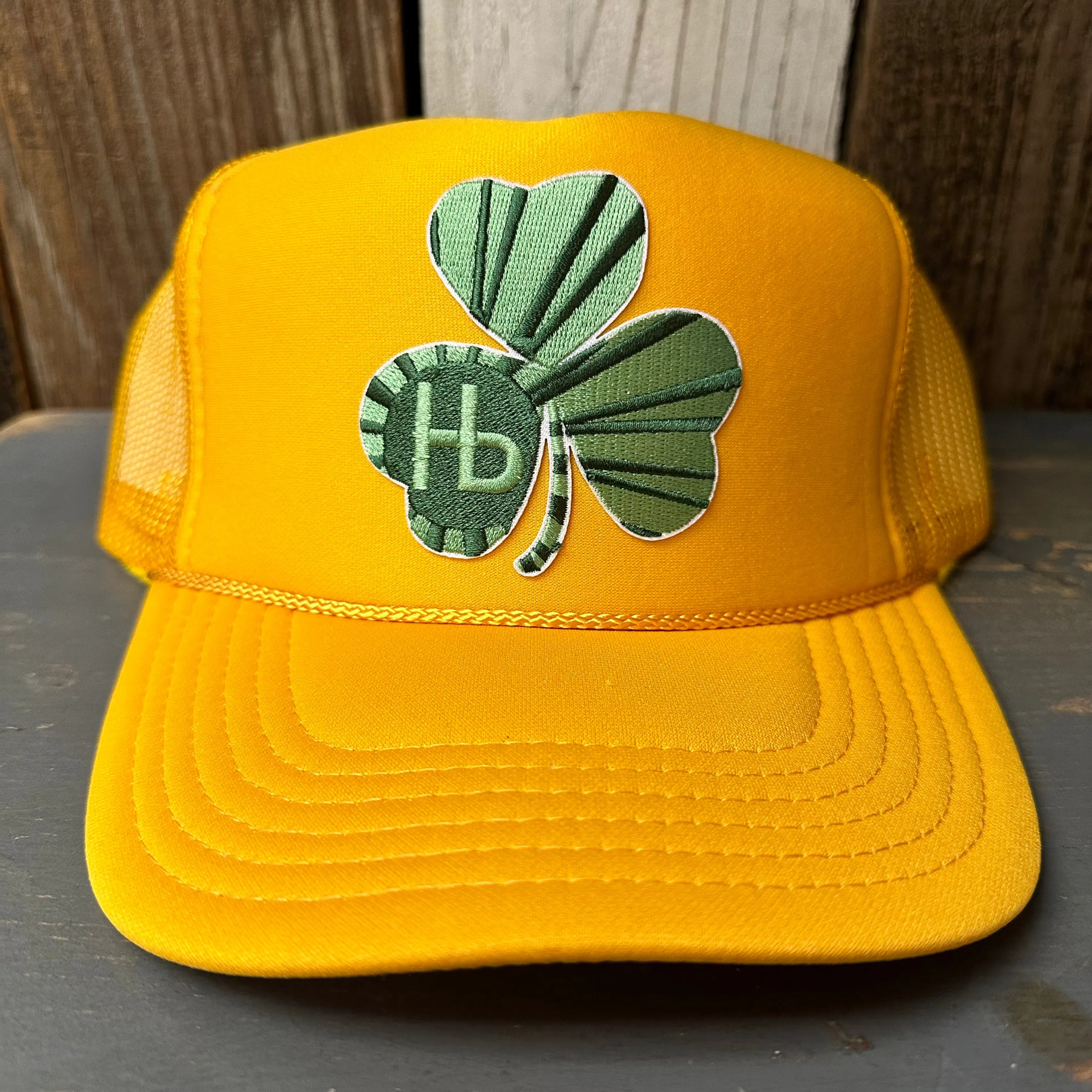 'Limited Edition' GET LUCKY IN HERMOSA High Crown Shamrock Trucker Hat  (GOLD :: GREEN :: WHITE :: SEAFOAM)